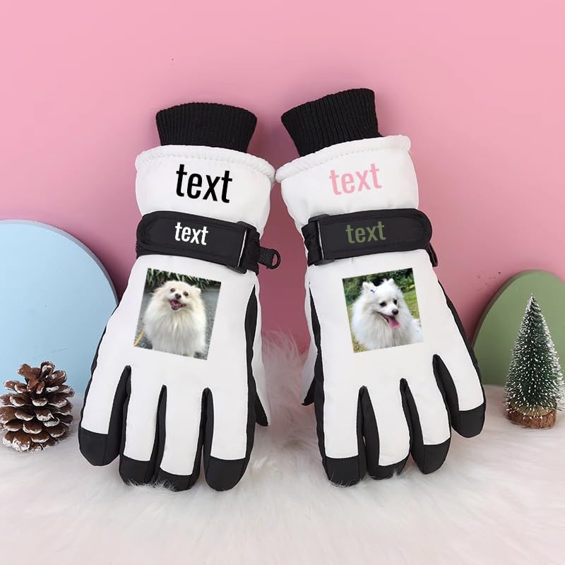 Customized Ski Gloves, Personalized Snow Gloves with Name/Logo/Image, Waterproof Non-Slip Velvet Warm Snowboarding Gloves with Adjustable Elastic Buckles for Men Women Snowmobile Skiing Outdoor Winter