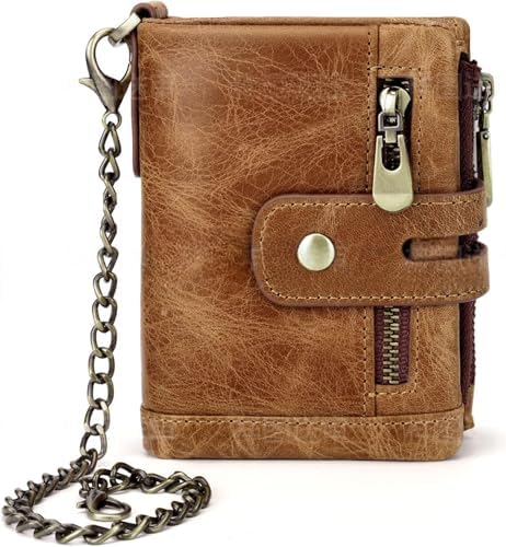 RFID Blocking Genuine Leather Wallet for Women and Men Vintage Small Purse with Chain and Clasp Closure Brown (Brown1)