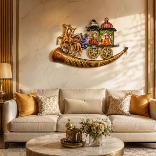 Image of iHandikart Traditional Rajasthani Metal Wall Art for Living Room | Handmade Royal Horse Cart Wall Sculpture with Musical Folk Design| Decorative Hanging Wall Decor for Home, Hall & Bedroom, 24*45 Inch
