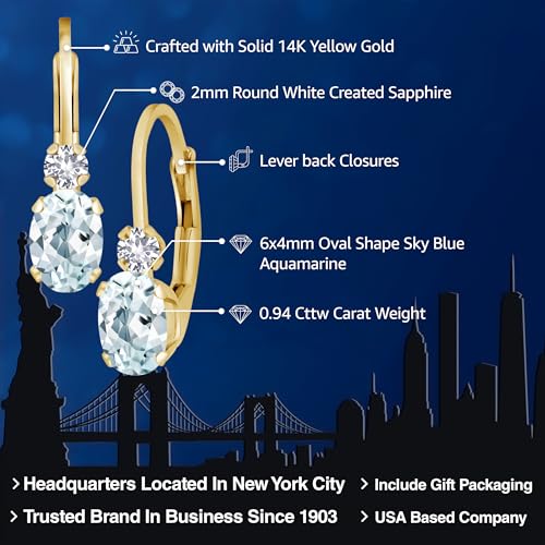 Gem Stone King 14K Yellow Gold Sky Blue Aquamarine and White Created Sapphire Leverback Earrings For Women | 0.94 Cttw | Gemstone March Birthstone | Oval 6X4MM, Round 2MM | 3/4 Inch2