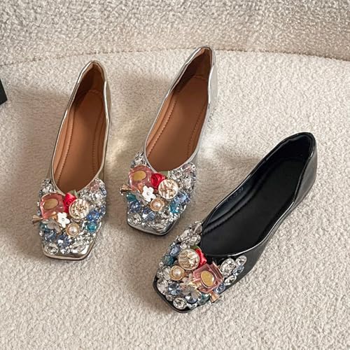 Women's Leather Fashion Rhinestone Ballet Flats Sweet Comfortable Glitter Crystal Square Toe Slip On Soft Sole Dress Shoes for Work Party Daily4