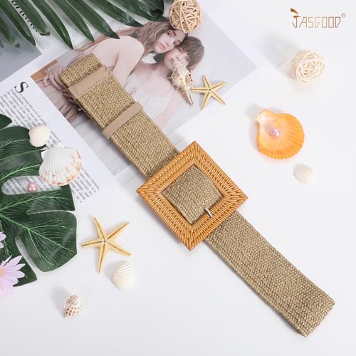 JASGOOD Straw Woven Elastic Stretch Belts for Women, Ladies Wide Boho Braided Dress Belts with Wooden Buckle,Khaki3
