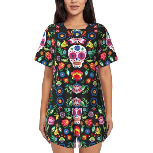 Pyjama court femme motif crânes en sucre avec t-shirt et short à poches