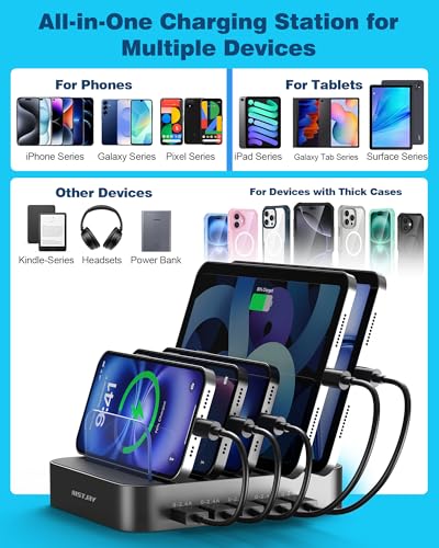 Image of MSTJRY Charging Station for Multiple Devices : 5 Port Multi USB-A Charger Stations Multi-Device Organizer Charging Dock Designed for iPhone iPad Cell Phone Tablets (7 Short Cables Included), Gunmetal