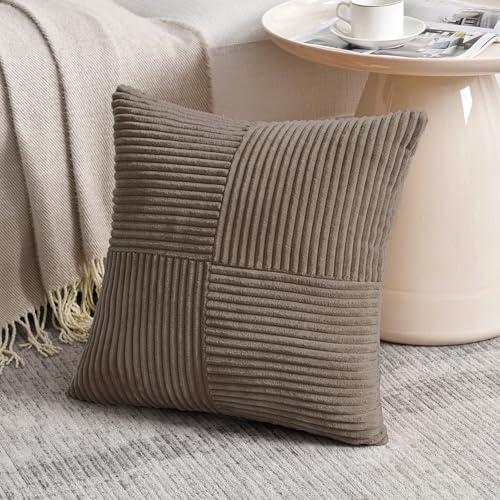 Image of Fancy Homi Set of 2, Light Brown Patchwork Corduroy Decorative Soft Striped Modern Accent Cushion Case Farmhouse Boho Neutral Throw Pillow Covers for Chair Couch Bed Sofa Living Room 16x16 Inch