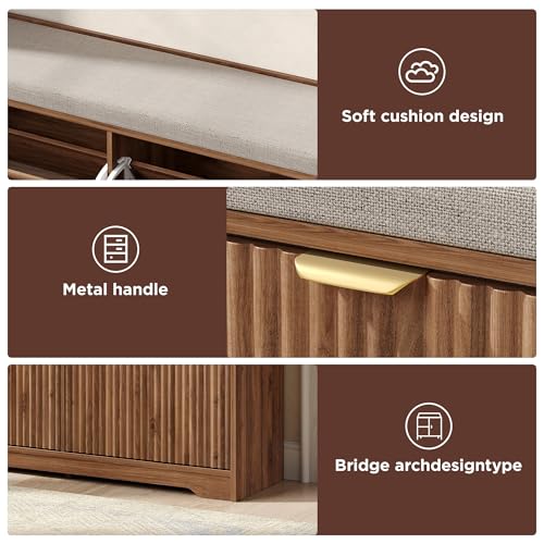 Maupvit Fluted Shoe Bench with Storage, Narrow Wooden Entryway Bench with Removable Cushion & 2 Flip-Drawers, Shoe Cabinet Bench, Farmhouse Boho Shoe Rack for Entrance, Hallway, Living Room (Walnut)