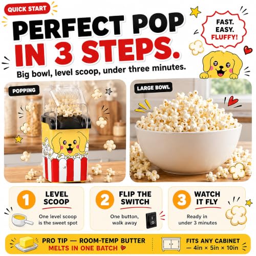 Image of Pupcorn Popcorn Machine - Cute Puppy Air Popper Popcorn Maker, Oil-Free | Pupcorn, a puppy hot air popcorn popper for movie night. Oil-free, butter-melting tray. A fun small mini popcorn machine.