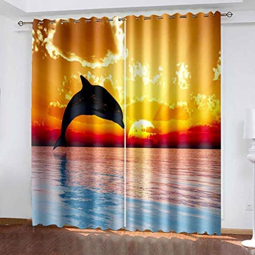 Rideau Occultant Thermiques 3D Paysage Marin De Dauphin Au Coucher du Soleil Imprimé Rideaux Opaque À Oeillets 170 (L) X 200 (H) Cm Chambre Salon Chambre...