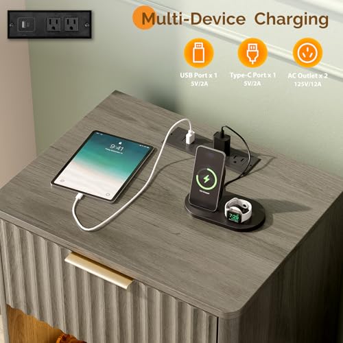 Image of VINGLI Night Stands Set 2 with Charging Station, LED Nightstand Fluted with Rounded Edge, 19 inch W Mid Century Modern Nightstand for Bedroom, Fluted Night Stand /End Table /Bed Side Table, Grey
