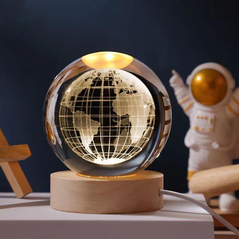 Image of 3D Crystal Ball LED Night Lamp with Wooden Base | Warm Light Bedside Table Lamp for Bedroom, Living Room, Kids Room, Study, Home Decoration & Gifting (Earth)