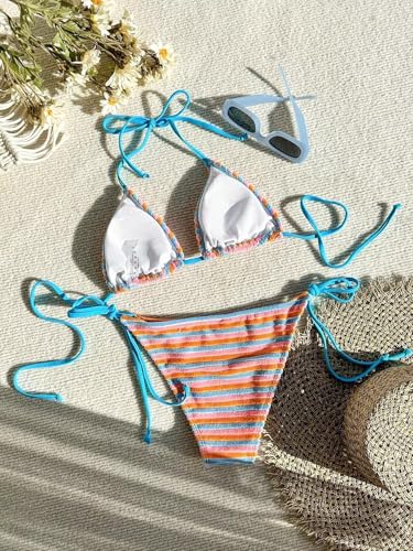 Women's Striped Knot Bathing Suit High Waisted Halter Triangle Swimsuit Bikini Set2