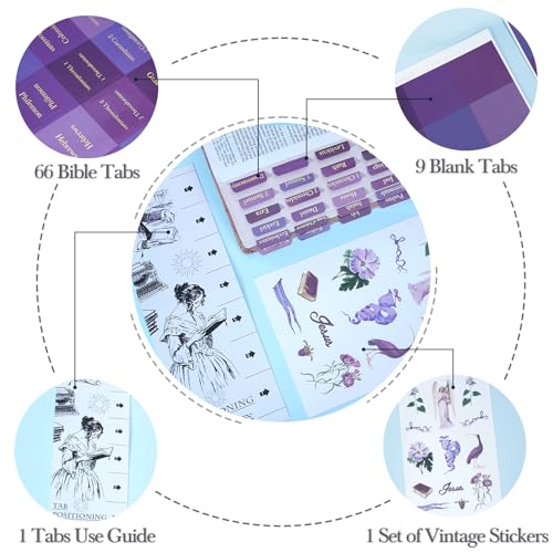 XKDOUS Abas roxas da Bíblia com adesivos, abas de bíblia laminadas douradas para mulheres, homens e