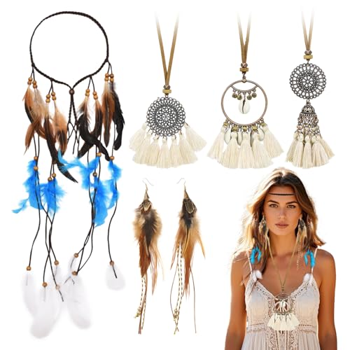 5 Pzs Tocado de Plumas para Disfraz India Mujer Disfraz India Collar de Cuero Pendientes de Plumas para Disfraz de India Mujer Accesorios Hippie Bohemio Diadema India Plumas Accesorios Carnaval 70's