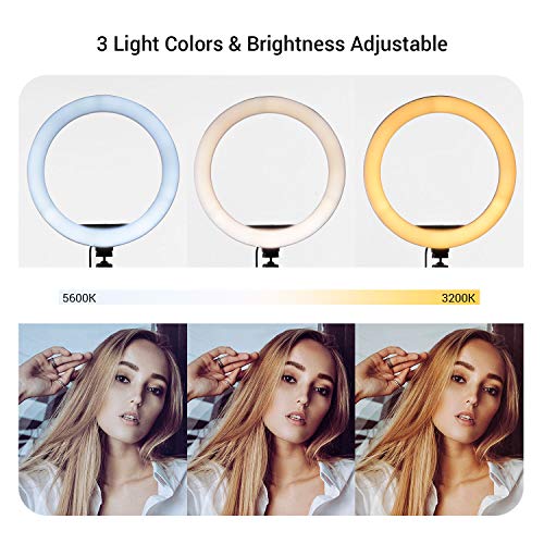 Andoer Kit de luz de anel de vídeo de 25 cm, 3 cores, 10 níveis, regulável, 3200-5600 K, com cabeça