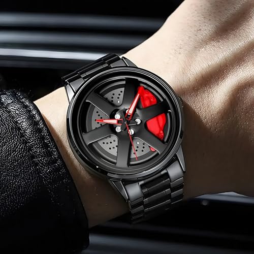 Image of Oculus Men's Racing Rim Design Rolling car Alloy Wheel, 360 Spinning Rotating gyro Dial, Black Stainless Steel Band, Quartz Movement, Red Accents Watch for Boys