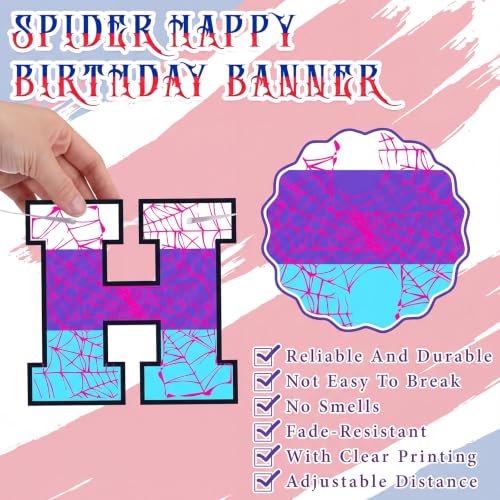 Image of Oudain Spider Theme Birthday Banner Pre-strung Web Flags,Red Purple Blue | Cartoon Backdrop Design, Happy Birthday Bunting for Party Supplies, Easy Hanging Decor for Themed Celebration