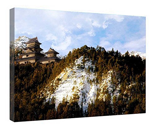 Toile temple forêt montagnes Japon cadre bois pour mur vide