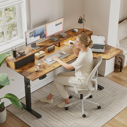 Image of Agilestic 63 Inch L Shaped Electric Standing Desk with Shelf, Height Adjustable Large Desk with Power Outlets & LED, Corner Sit Stand Up Table with Monitor Stand, Computer Workstation, Rustic Brown