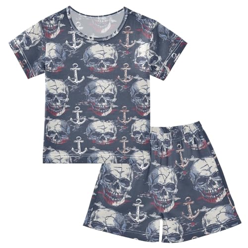 ALAZA Skulls Anchor Pajama Set Short Sleeve Sleepwear Soft Lounge Nightwear