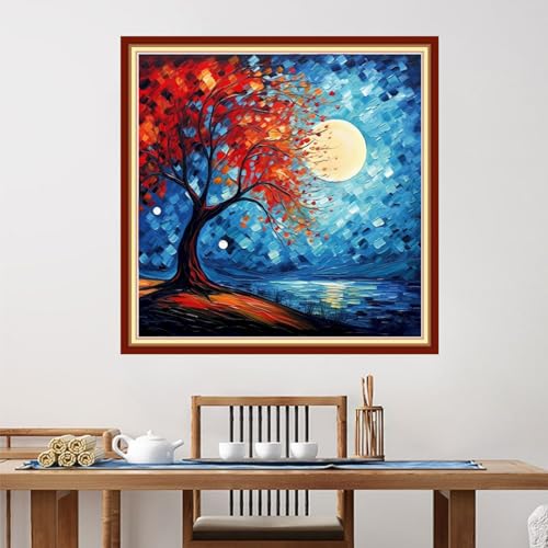Image of Foxdiviy Stamped Cross Stitch Kits for Beginners Full Range of Cross Stitching 11 CT Printed Cross Stitch Kits for Adults Cross Stitch Patterns Needlepoint Kits-Colorful Trees Moon 18x18 inch