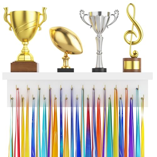 Image of Medal Hanger Display and Trophy Shelf Organizer, Wooden Wall Mount Ribbon Holder with 25 Steel Hooks, Race Awards Storage Rack Stand for Sports Enthusiasts