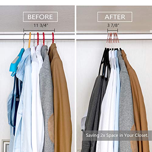 Image of MIZGI Premium Velvet Hangers (Pack of 50) - Heavy Duty Non Slip - Clothes Hangers Black - Copper /Rose Gold Hooks, Space Saving Suit Hangers with Accessory Bar