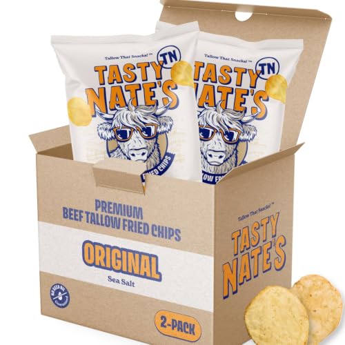 Image of Tasty Nate's Beef Tallow Potato Chips Original Sea Salt Kettle Chips Made with 100% Beef Tallow Seed Oil Free - Gluten Free Healthy Snacks Paleo Friendly 7oz Bag - Pack of 2