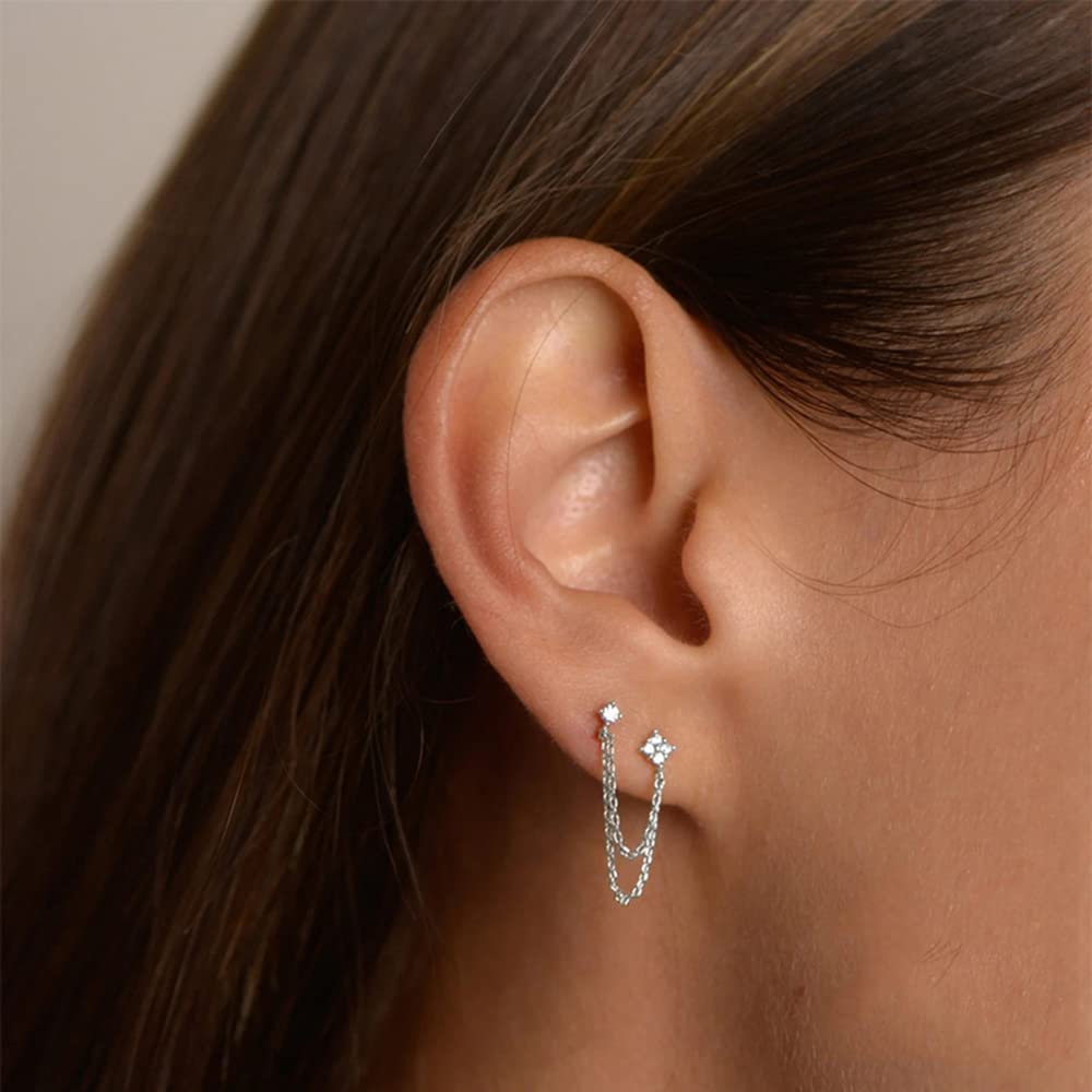 Runde Blume Doppel-Piercing-Ohrstecker Kette Manschette 925 Sterling Silber Ohrringe für Frauen Teenager Mädchen Knorpel Quaste baumeln Drop Climber Crawler süßer modischer minimalistischer Schmuck G