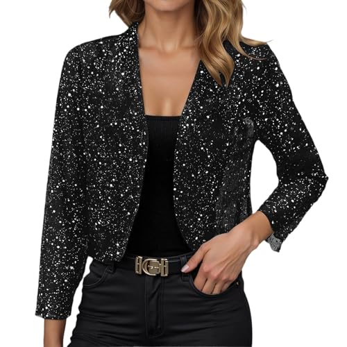 Celanisai Bolero Chaqueta de mujer con purpurina y festivo, elegante, para fiestas, lentejuelas, chaqueta de hombro, chaqueta de punto para traje regional, disfraz de carnaval, O negro., L