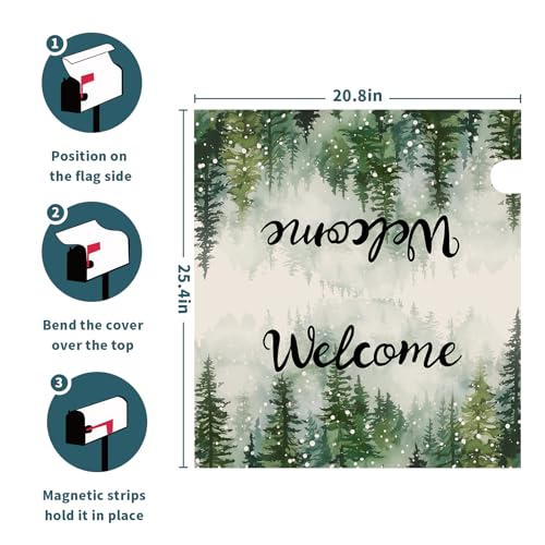 Image of Winter Welcome Mailbox Cover Magnetic Standard Size 25.5 inchx21 inch Green Winter Pine Tree Decorative Mail Box Covers Christmas Snowflake Holiday Mailbox Wraps Post Letter Box Cover for Home Garden Yard