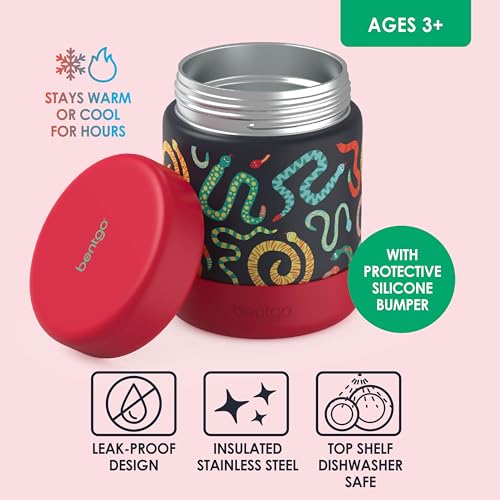 Image of Bentgo Kids Stainless Steel Leak-Proof Food Jar for Hot or Cold Food | 11 fl oz Double Insulated Container with Removable Silicone Bumper, Dishwasher Safe, Easy Open Lid, Ages 3+ (Sssnakes)