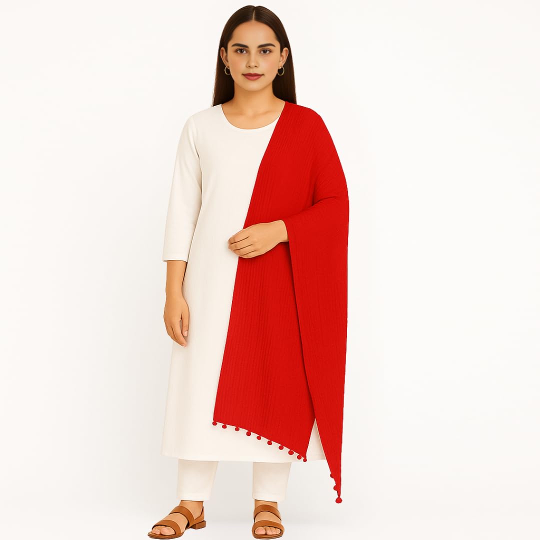 VinodRatna Women Pure Solid Cotton Dupatta With Pom Pom Border 2.25m (Red, 2.25m) - Image 8 thumbnail