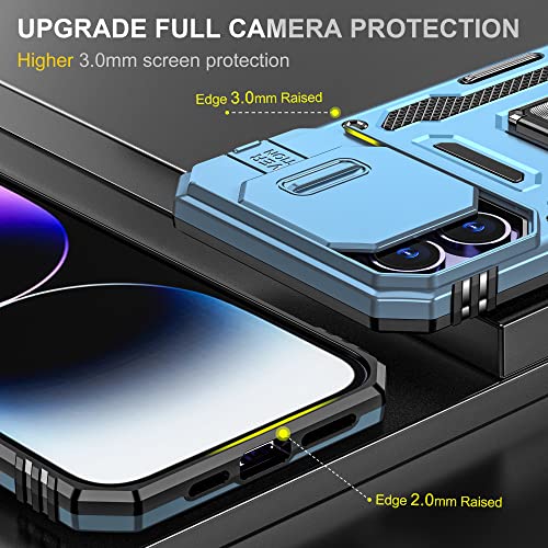 Image of Polycarbonate Slide Camera Cover with Ring Holder Mobile Phone Back Cover for iPhone 14 Pro (Blue)
