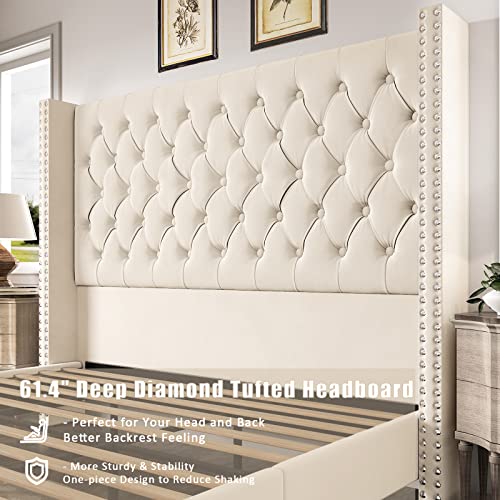 Papajet PAPAJET-71G King Platform Bed Frame 61.4 Inch Handmade Headboard Velvet Tall Upholstered Bed Deep Button Tufted/No Box Spring Required/Wood Slat Support/Easy Assembly/Cream thumb #3