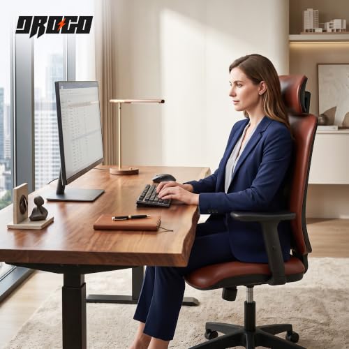 Image of DROGO Pluto Ergonomic Office Chair for Work from Home with 135 Recline | Premium Leatherette Cushion | 2D Headrest, Adjustable Armrests, Computer Chair with 3-Point Recline Lock,1-Year Warranty(Tan)