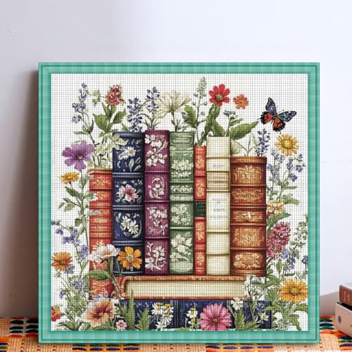 Image of KYOQFVN Flower Stamped Cross Stitch Kits - Book Counted Cross Stitch Kits for Beginners, Needlepoint Cross-Stitch Patterns Dimensions for Home Decor 14x14 Inch