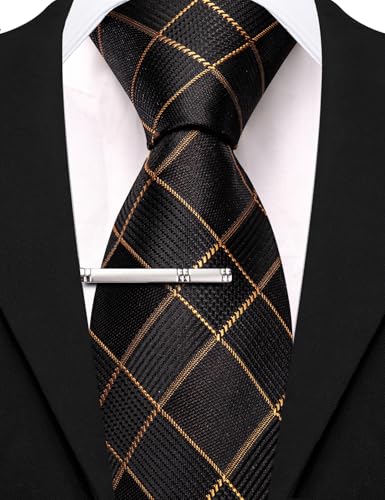 Image of Barry.Wang Plaid Ties Mens Silk Necktie and Tie Clip Checkered Tie for Wedding Party Business Formal