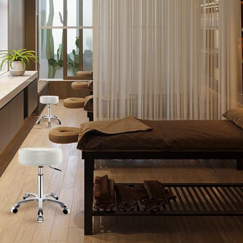 Image of Ainilaily Rolling Stool with Wheels, Thick Cushion Heavy Duty Esthetician Hydraulic Chair Stool for Work Medical Tattoo Salon Office (White)