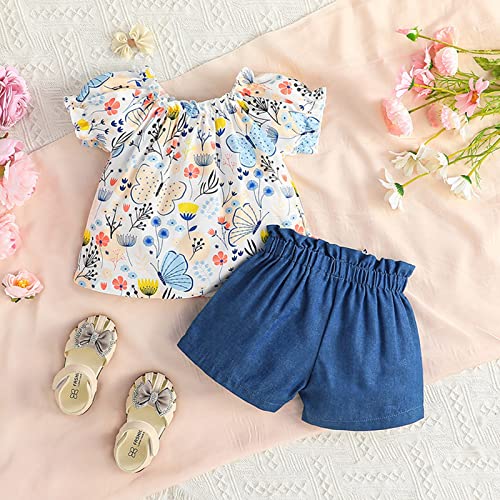 Camiseta infantil feminina manga curta estampa floral camiseta shorts roupas laço de cabelo bebê (az