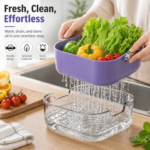 Image of 3-in-1 Vegetable Washing Basket with Drain Tray Set of 3 | Kitchen Strainer & Colander Bowl | Wash, Drain & Store Fruits, Pasta & Veggies | BPA-Free Durable Plastic (Purple)