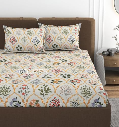 Image of VOMZER Premium 320 TC Fitted Bed Sheet with Full Elastic - Deep Pocket Design - Wrinkle Resistant Fitted Bedsheet 60x78 Queen Cream Flower Leaf