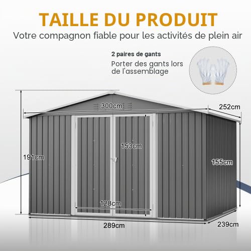 Abri de jardin en métal 300 x 252 cm – Gris – Grand abri de jardin résistant aux intempéries avec toit à pignon, pour vélos et outils, abri de jardin XXXL