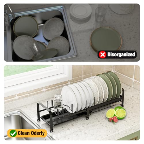 Image of DEVA Dish Drying Rack, Expandable Utensils Drying Rack, Space Saving Stainless Steel Dish Rack with Drainer Tray.