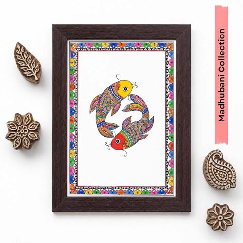 Image of PAPER PAJAMA Koi Moi Fish Pair Wall Art for Living Room | Madhubani Fish Painting | Traditional Mithila Folk Art Aquatic Artwork Framed Decor for Home, Office & Bedroom (10x13 Inches)