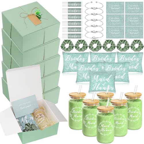 6 Sets Sage Green Bridesmaid Proposal Gifts Set Will You Be My Bridesmaid Box Kit with Glass Cup Cosmetic Bag Lip Balm Scrunchies Bracelet & Cards Wedding Hen Party Favors