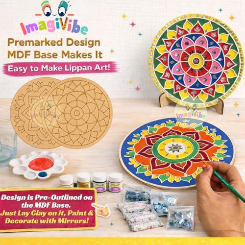 Image of ImagiVibe DIY Lippan Art Kit for Kids and Adults | 2 Pre-Marked 12 Inch MDF Boards with Stand | Indian Folk Art Craft Kit with Clay Mirrors and 6 Non-Toxic Acrylic Paint Colors | Wall Decor DIY Gift Kit (12inch Acrylic Colors)