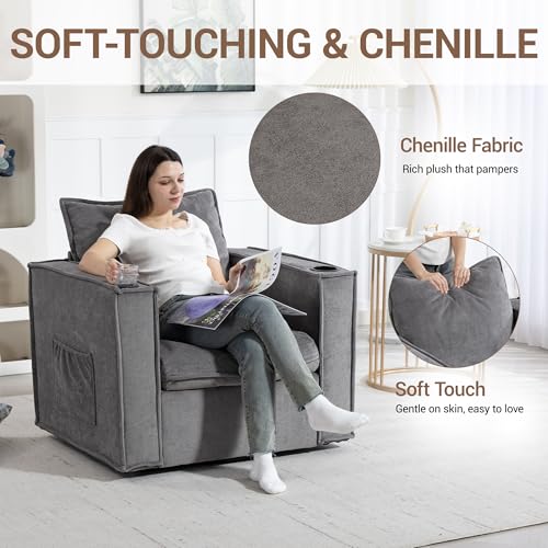 Image of 32 inch Wide Swivel Accent Chair with Cup Holders, Grey | Comfy Armchair, Side Pockets, Modern Chenille Sofa Couch, Living Room, Bedroom, Corner