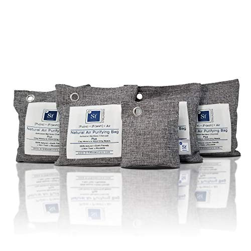 Bamboo Activated Charcoal Air Purifying Bags - 4 (200g) Pack Plus 50g Bonus bag, Upgraded with Activated Clay Moisture Absorber Beads, Air Freshener and Odor Eliminator, natural air purifiers for home
