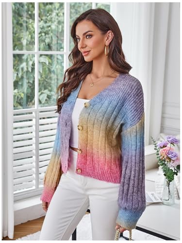 Image of MakeMeChic Women's Colorful Chunky Cropped Cardigans Button Down Long Sleeve Drop Shoulder Rainbow Sweater