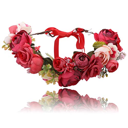 AWAYTR Femmes Filles Bandeaux De Fleurs Couronne - Guirlande De Guirlande De Cheveux De Fleur À La Main Avec Ruban Pour Fête De Mariage Festival (Rouge + rouge foncé) Cover
